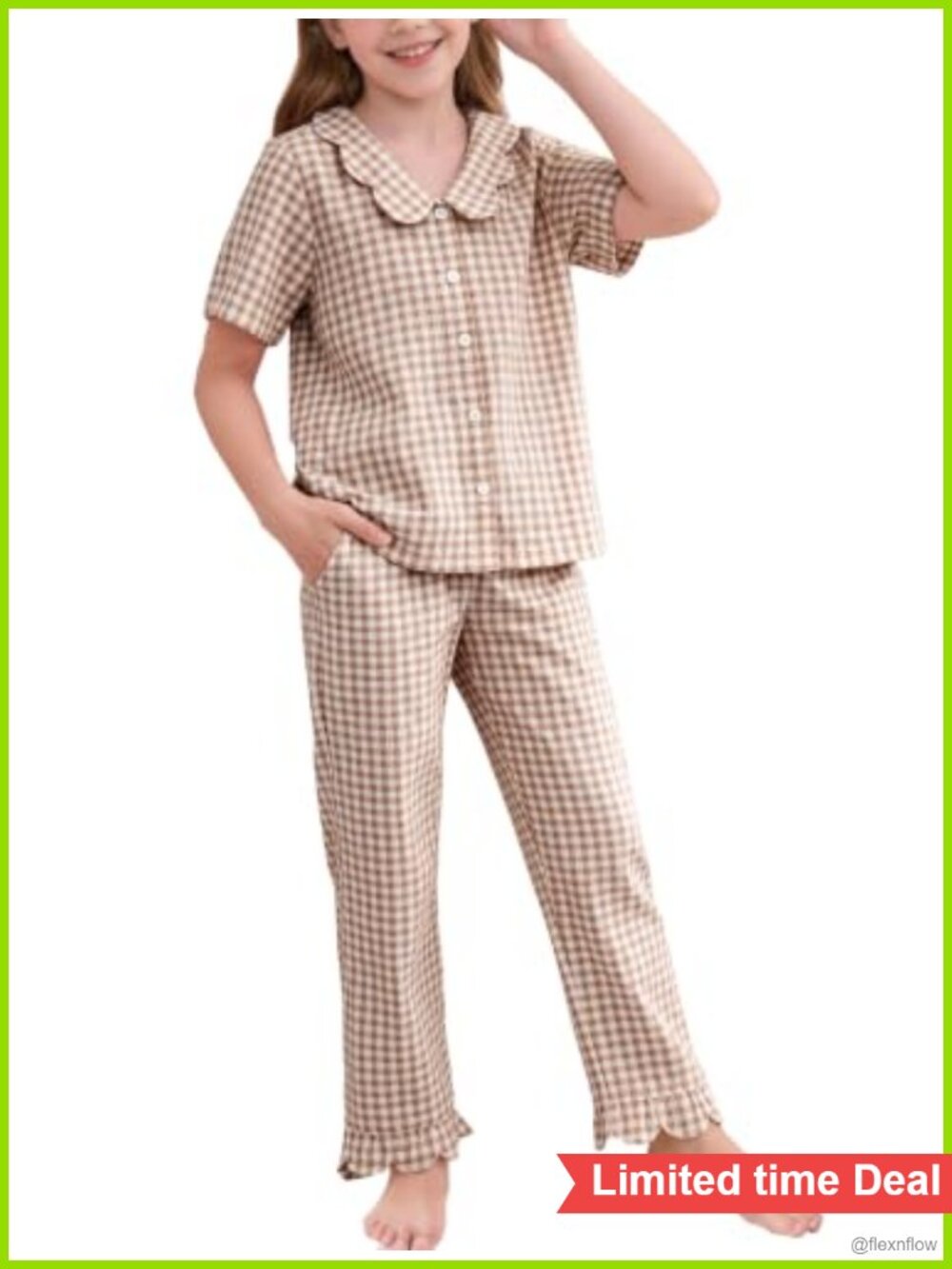 Girls Flygo 100% Cotton Gingham 2 Piece Outfit Ruffle Pants Set